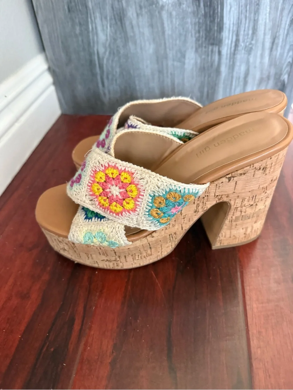 Madden Girl Cork Platform Sandals with Multicolor Crochet Accents
